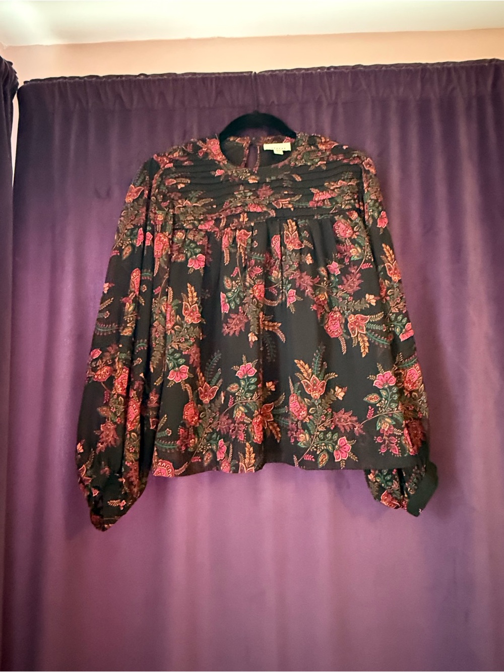 Top Shop Smocked Yoke Long-Sleeve Blouse - Black with Pink & Green Floral
